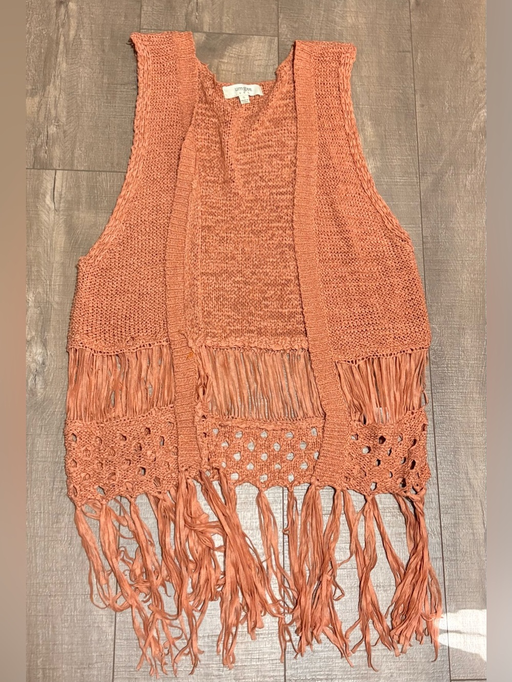 Umgee Open-Knit Fringe Vest in Rust